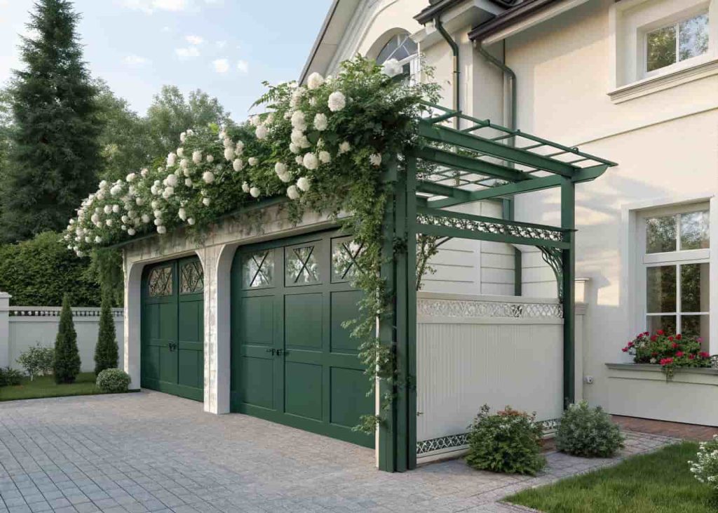 A bold forest green painted steel trellis above a garage door with white climbing roses, elegant home exterior, cohesive color palette, bright day, strong visual contrast, photorealistic