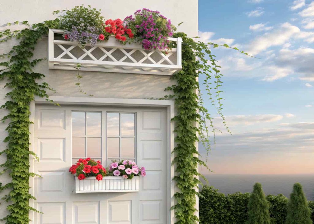 A white trellis with integrated window boxes above a garage door, overflowing with geraniums and trailing vines, European cottage charm, bright summer day, colorful flower display, photorealistic