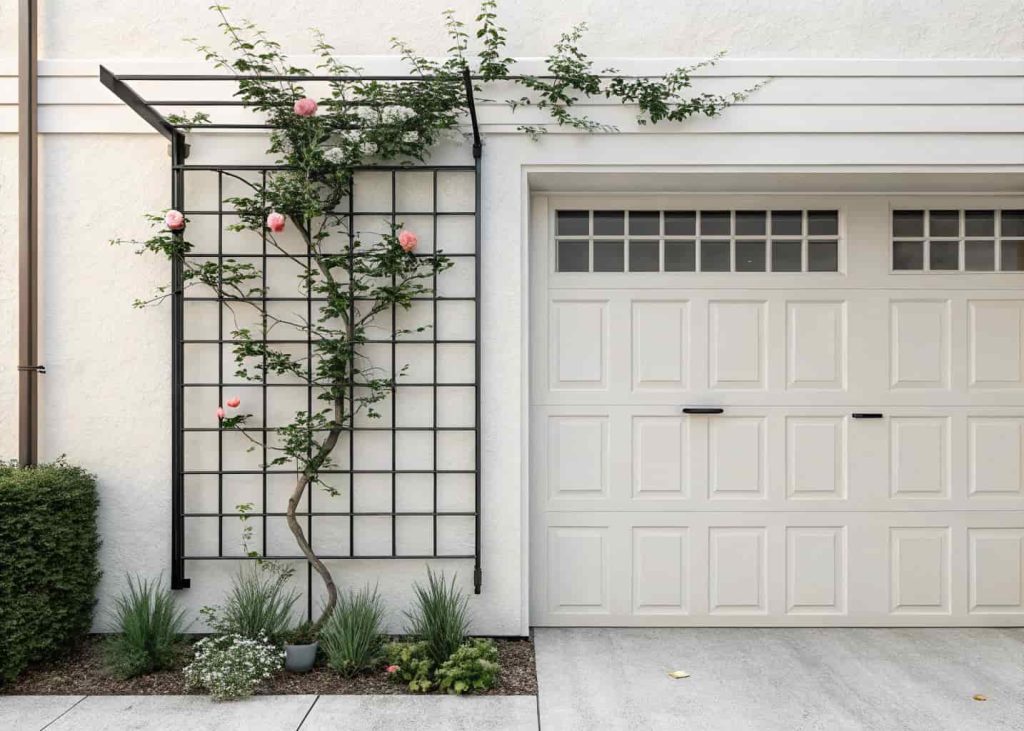  A minimalist black metal grid trellis above a white garage door with a single climbing rose vine, Japandi-inspired home exterior, clean lines, sparse greenery, soft natural light, photorealistic