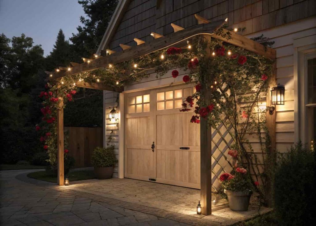 A wooden trellis over a garage door illuminated with warm string lights at night, climbing roses and vines visible in the glow, magical and romantic home exterior, evening atmosphere, photorealistic