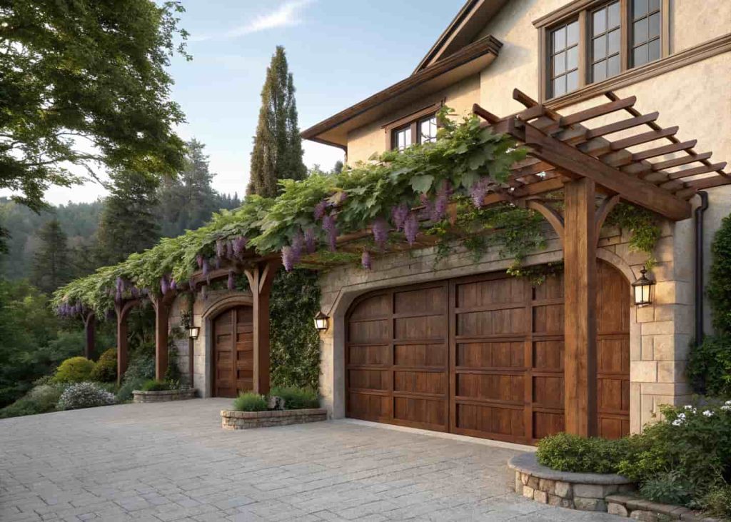 A full-width wooden pergola trellis over a large garage door covered in mature grapevines with hanging grape clusters, grand home exterior, late summer afternoon light, lush and abundant, photorealistic
