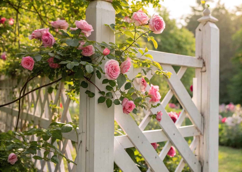 A classic white wooden lattice trellis fence covered with blooming pink roses in a sunny cottage garden, soft natural light, lush green background, high detail photography style.