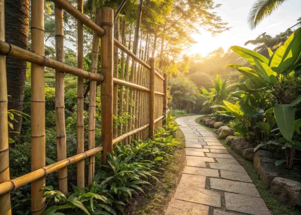 A natural bamboo trellis fence in a tropical garden setting with exotic green plants, warm golden sunlight filtering through bamboo poles, zen and peaceful atmosphere, vivid colors.