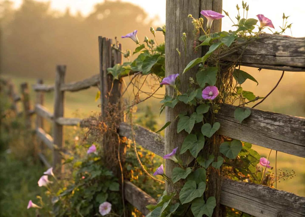 A rustic reclaimed wood trellis fence with climbing morning glory flowers, weathered wood textures in golden afternoon light, bohemian garden aesthetic, warm earthy tones.