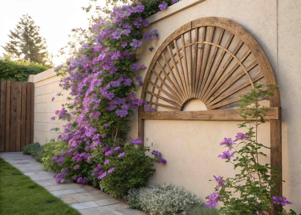 A wooden fan-shaped trellis panel on a garden wall covered with blooming purple clematis flowers, artistic garden design, symmetrical beauty, soft morning light photography.