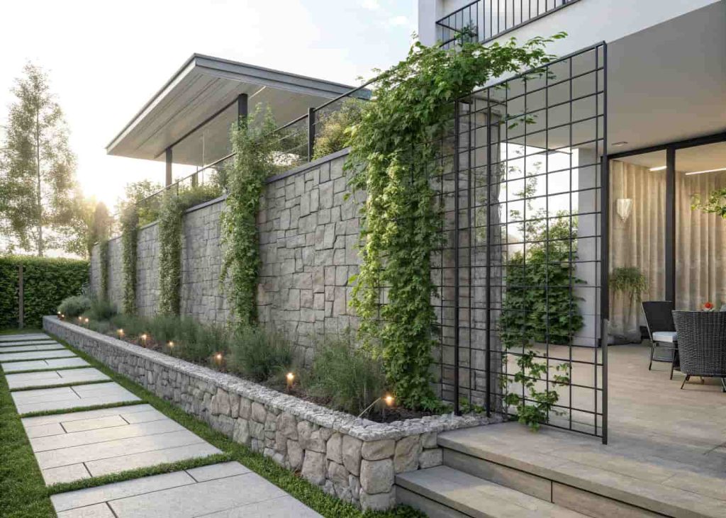 A modern gabion stone wall topped with a metal trellis panel, green climbing vines growing over it, contemporary garden design, natural stone textures, bright outdoor photography.