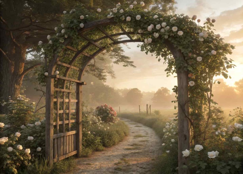 A romantic wooden arched trellis gateway covered with blooming white roses and lush greenery, leading into a beautiful garden path, golden hour lighting, dreamy fairytale atmosphere.