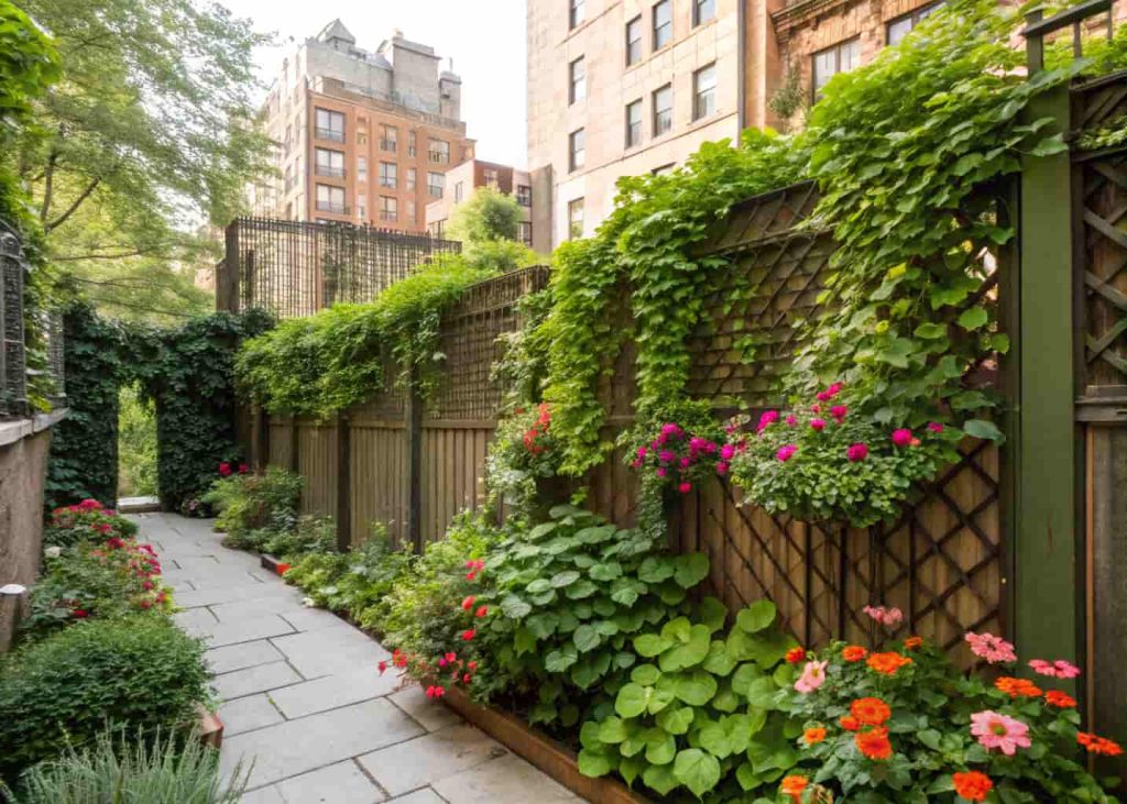A lush vertical garden trellis privacy fence covered in dense green climbing plants and colorful flowers in a small urban backyard, fresh and vibrant garden photography, natural daylight.