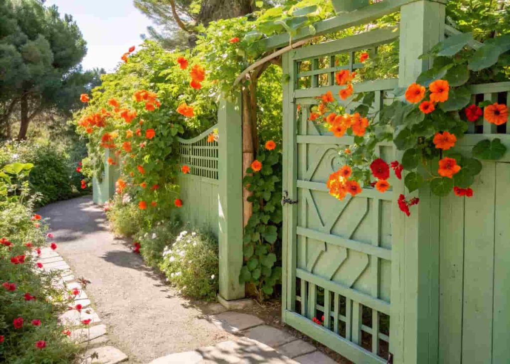 A vibrant sage green painted wooden trellis fence panel with climbing orange nasturtiums in a colorful Mediterranean garden, cheerful and bright outdoor photography, warm sunlight.