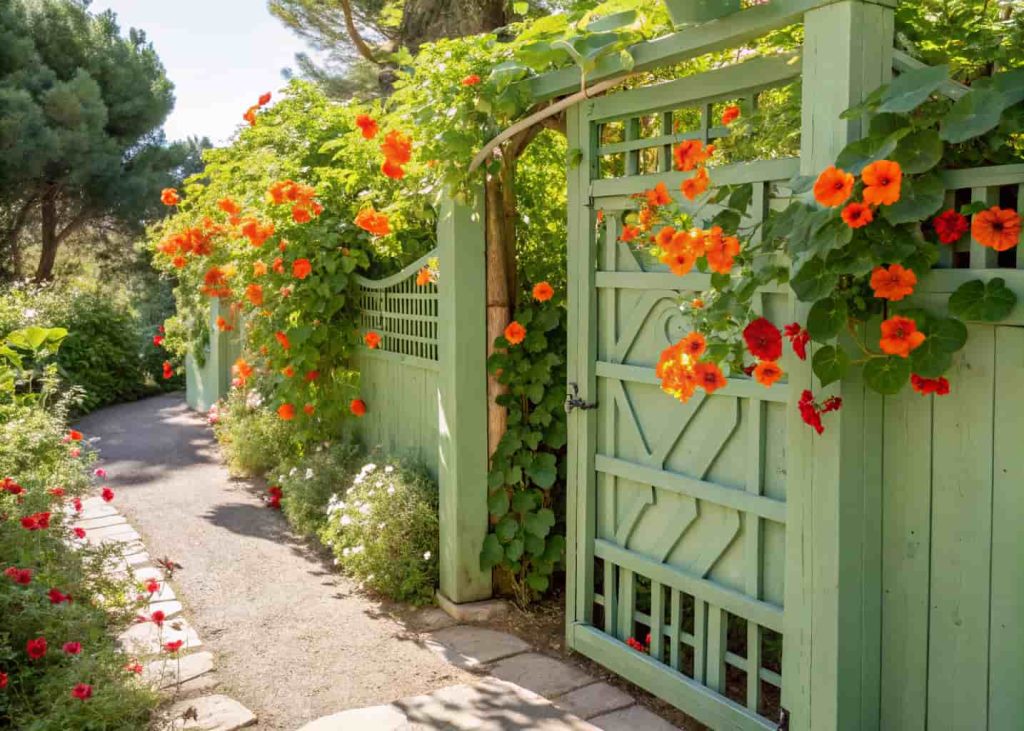 An elegant white diamond-pattern trellis fence covered with climbing pink sweet peas in a formal English garden, soft natural lighting, classic and sophisticated garden photography.