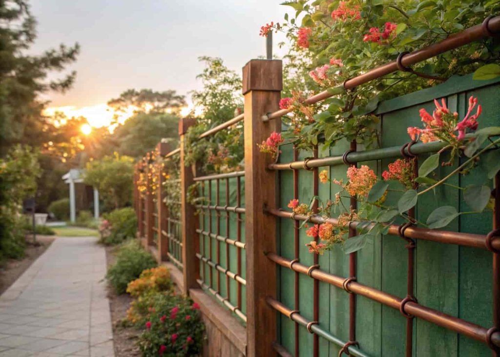A handcrafted copper pipe trellis fence with warm metallic tones and green patina, climbing coral honeysuckle flowers, artisan garden design, professional outdoor photography, golden light.