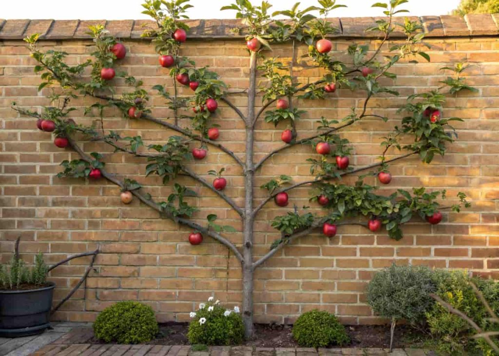 An espalier apple tree trained flat against a brick wall trellis system, symmetrical branching pattern with ripe red apples, kitchen garden setting, warm afternoon sunlight photography.