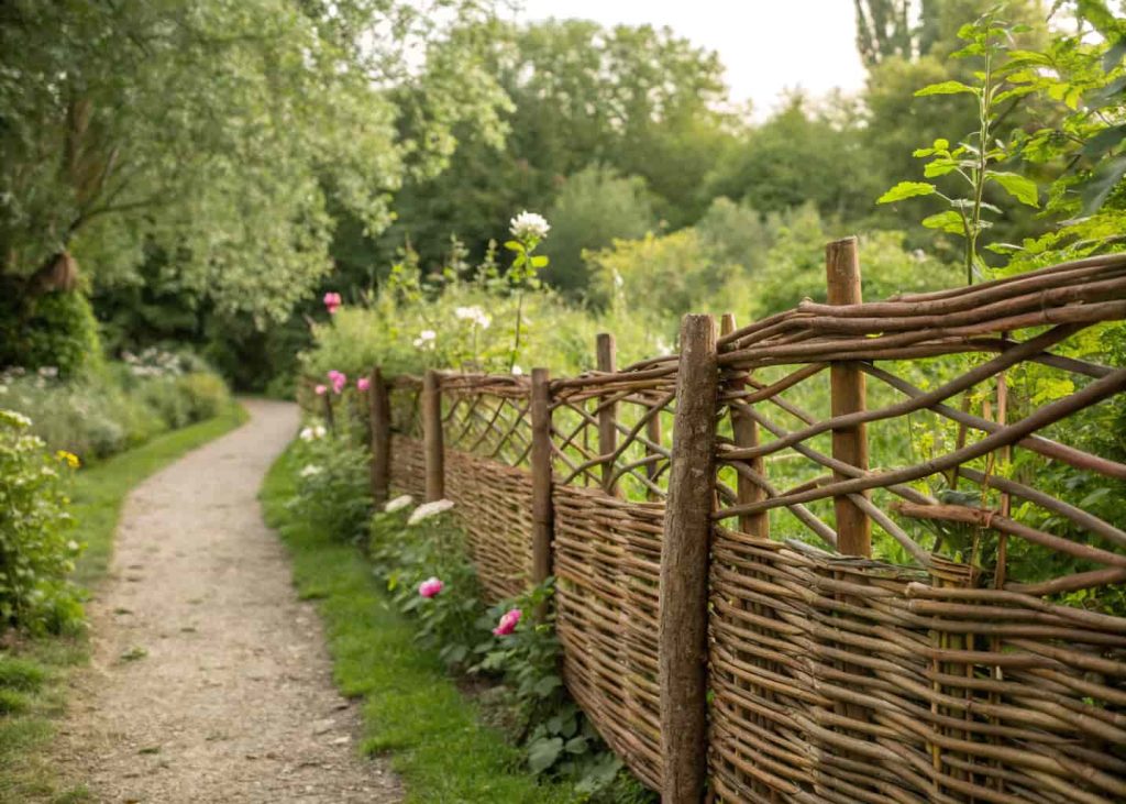 A handwoven willow trellis fence in a rustic cottage garden, natural brown willow weavings with soft green garden backdrop, earthy organic textures, natural daylight photography.