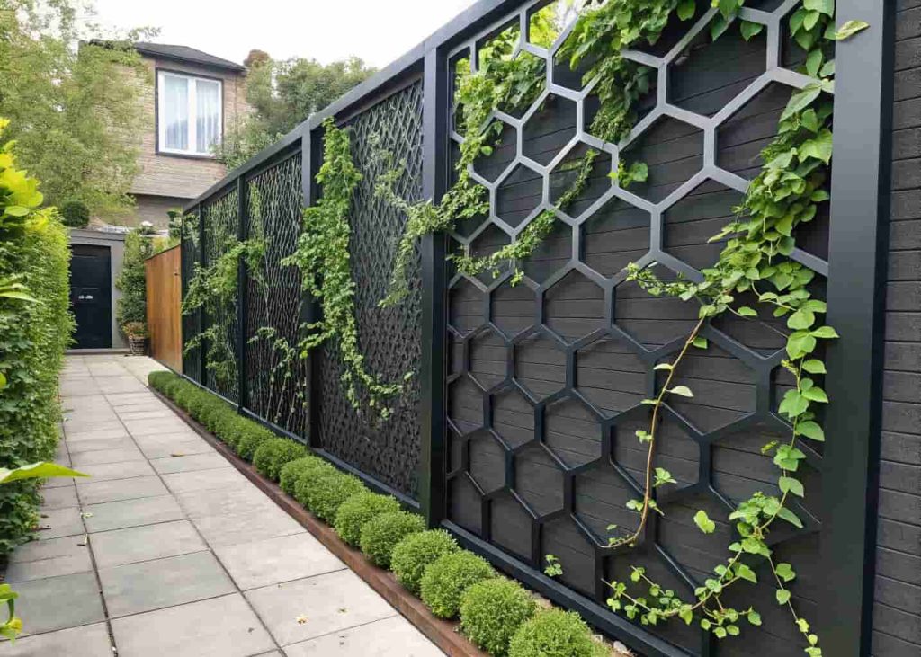 A modern geometric hexagonal trellis fence panel in a contemporary garden, bold honeycomb pattern in black metal with green climbing vines, strong graphic design aesthetic, bright photography.