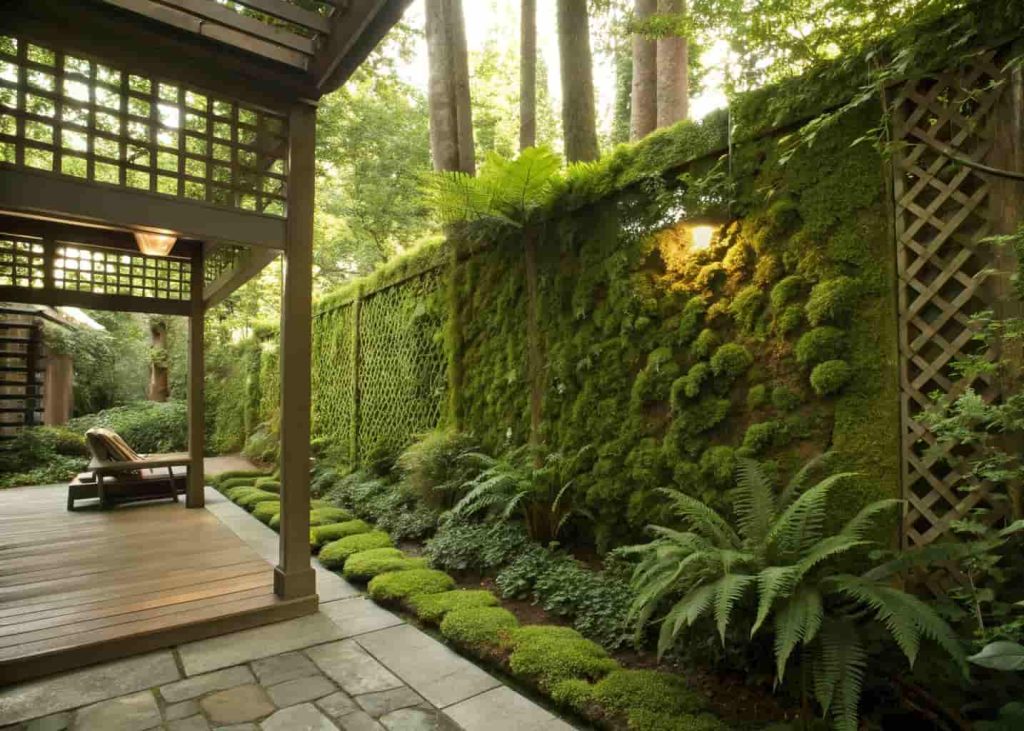 A lush living moss wall trellis fence with dense green moss, ferns, and soft plant textures in a shaded garden space, spa-like tranquility, rich verdant green photography, soft diffused light.