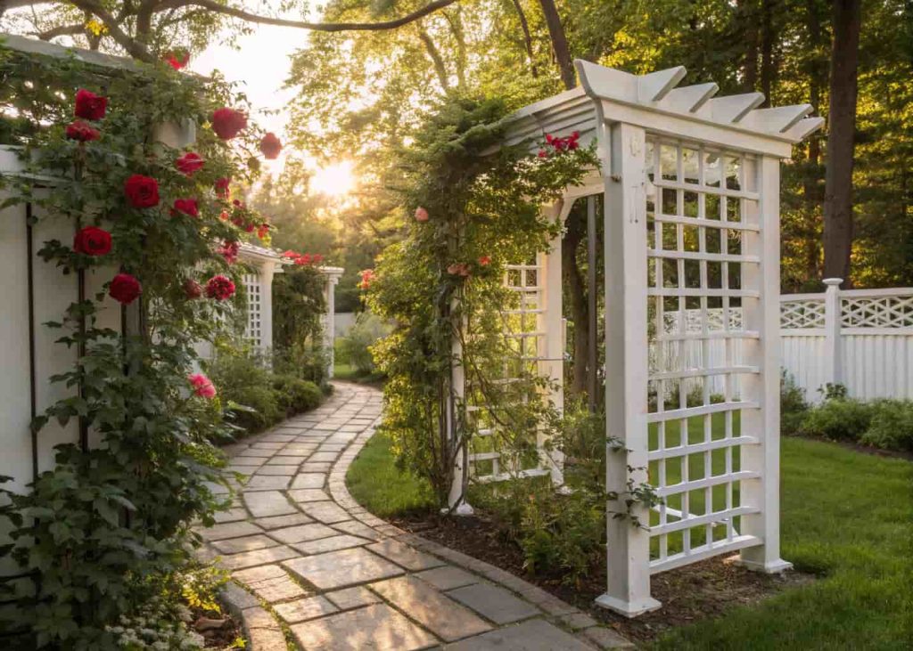 Classic wooden lattice trellis in a backyard garden, painted white, covered with climbing roses and green vines, warm afternoon sunlight, rustic and clean style.