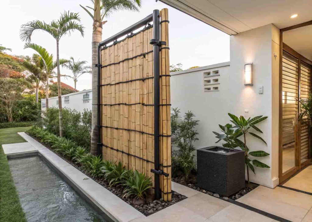 Tall bamboo trellis privacy screen in a modern backyard, natural bamboo color, tied with dark rope, standing in a garden bed with tropical plants around it, daylight, clean aesthetic.