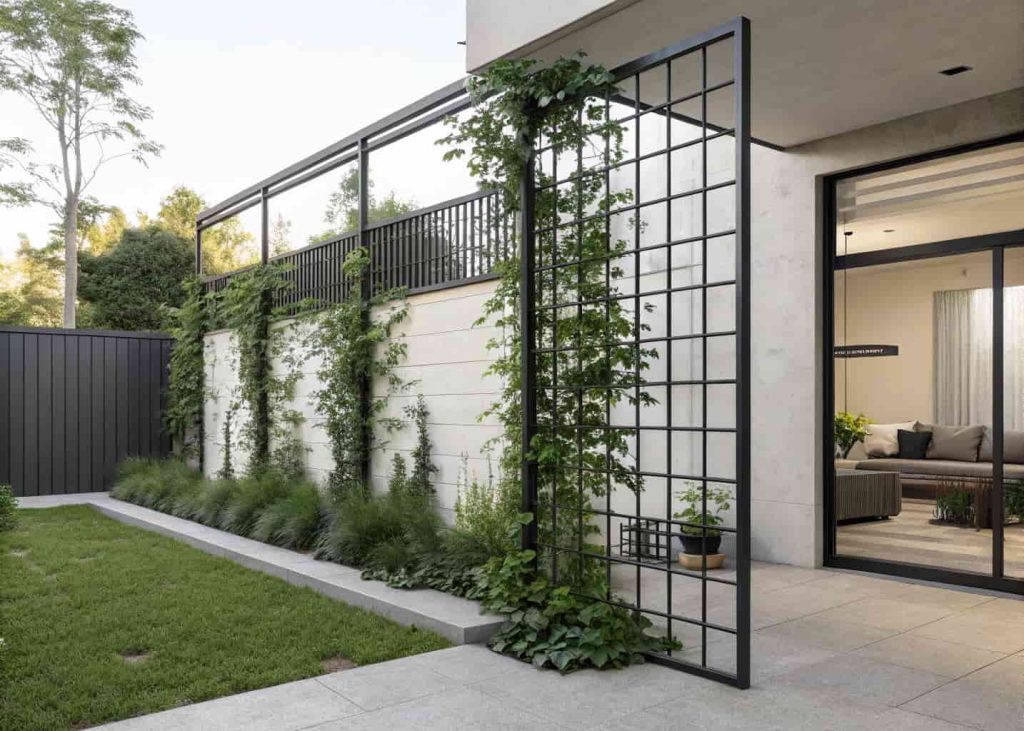Black metal grid trellis panel in a modern minimalist backyard, dark steel frame, climbing green ivy growing on it, clean concrete patio background, contemporary outdoor design.