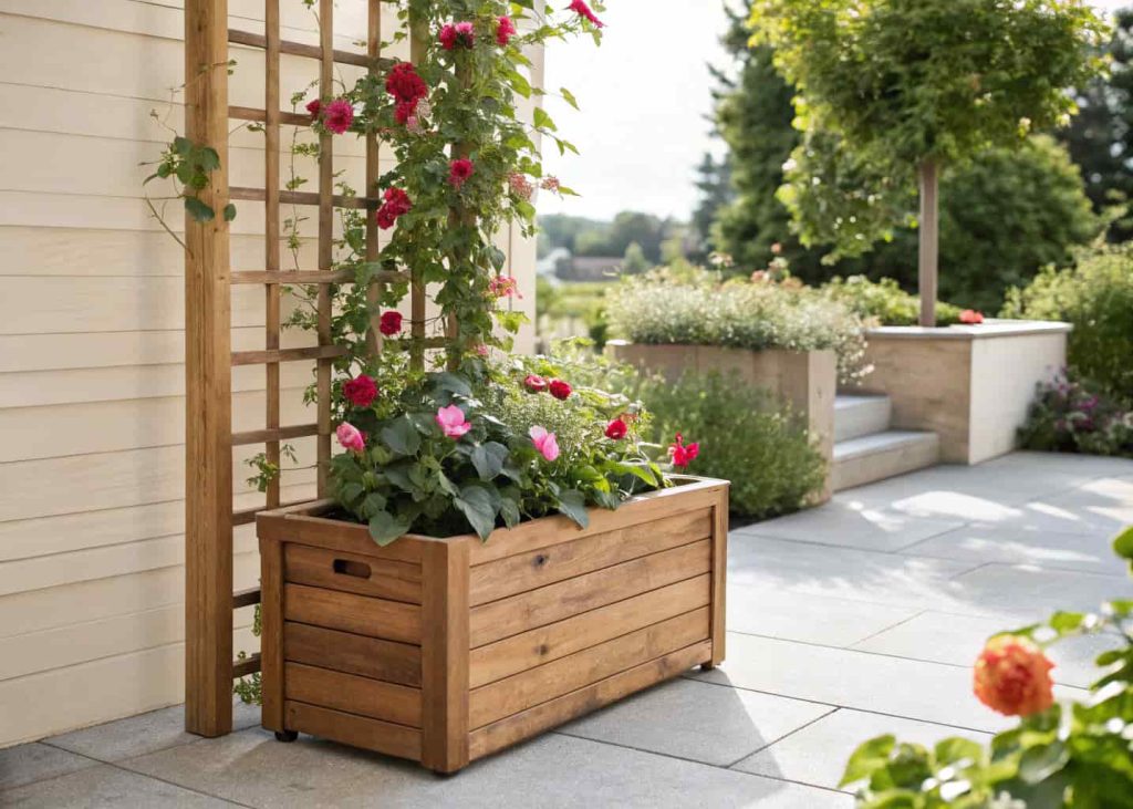 Wooden planter box with built-in trellis attached at the back, filled with colorful climbing flowers, placed on a garden patio, natural daylight, clean and neat outdoor decor style.