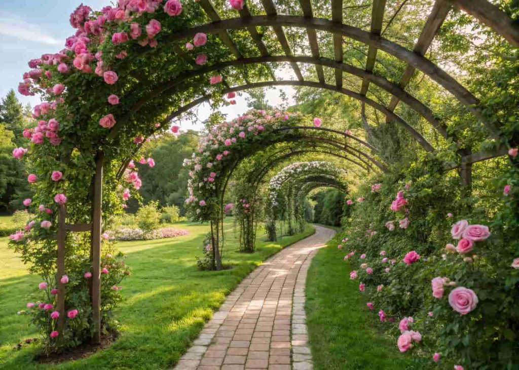 Beautiful arched garden trellis covered in blooming pink roses forming a natural tunnel gateway in a backyard, green lawn pathway underneath, sunny day, romantic garden photography style.