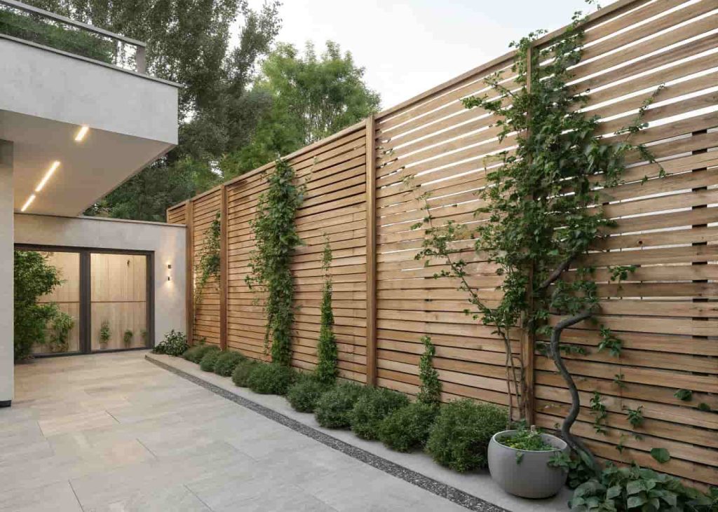 Horizontal wooden slat trellis privacy screen in a modern backyard, evenly spaced natural wood planks, green climbing plants weaving through gaps, minimal and contemporary style, natural light.