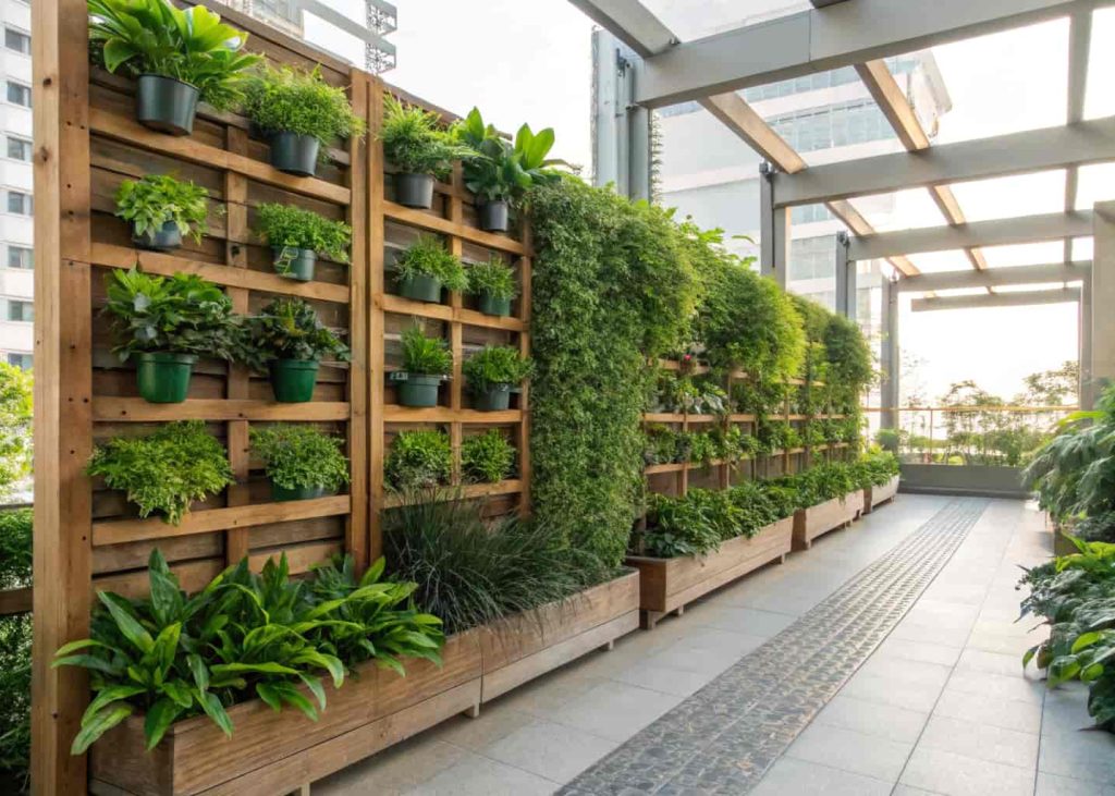 Living wall trellis with rows of potted green plants mounted on a wooden grid frame, vertical garden on an outdoor wall, lush and dense foliage, modern urban garden, bright natural lighting.