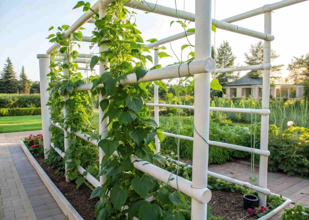 DIY PVC pipe trellis in a home garden, white pipes forming a grid structure, covered with green bean plants and climbing vines, bright sunny day, practical and affordable garden setup.