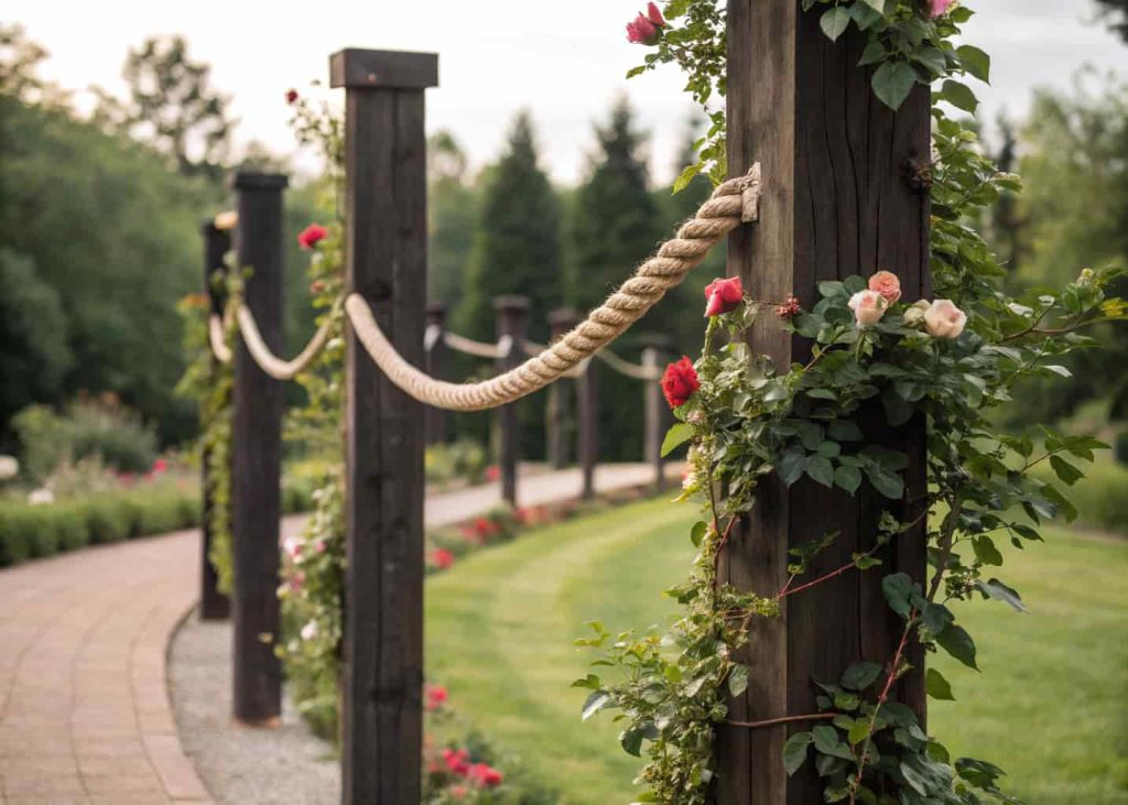 Rope and wooden post trellis in a garden, thick natural rope strung horizontally between dark wooden posts, climbing roses and ivy growing on it, soft garden background, natural and elegant outdoor style.