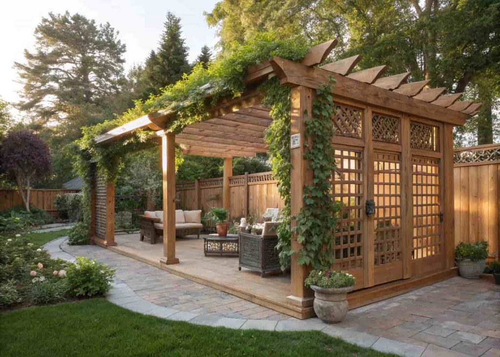 Wooden pergola in a backyard with trellis privacy panels on the sides, covered in climbing wisteria and green vines, outdoor patio furniture underneath, warm afternoon sunlight, beautiful garden retreat atmosphere.