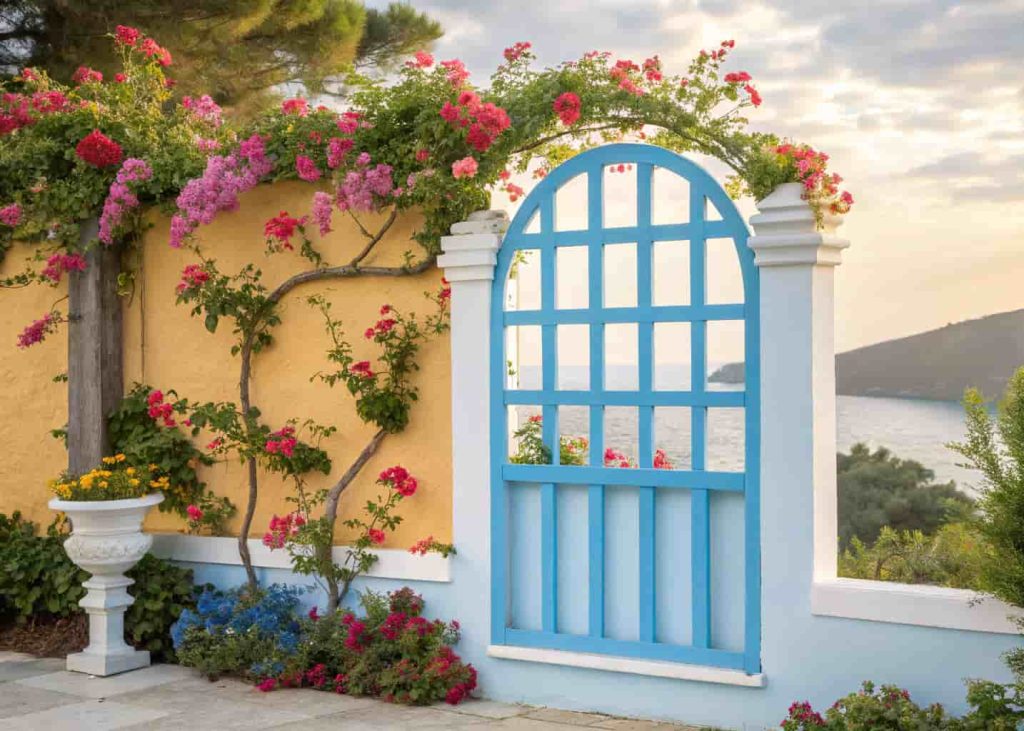 Brightly painted decorative trellis in a garden, painted in sky blue and white, mounted on an outdoor wall, covered in colorful climbing flowers, Mediterranean style, cheerful and vibrant garden scene.