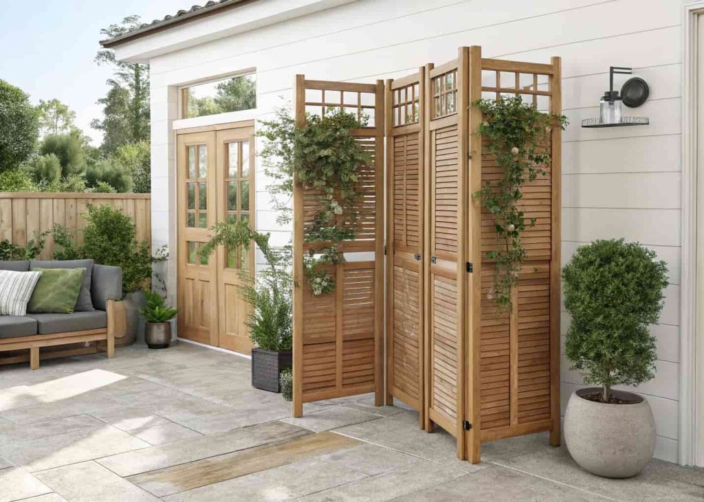 Freestanding folding wooden trellis screen in a backyard patio, natural wood finish, accordion-style panels, decorated with potted climbing plants, flexible and movable privacy screen, clean outdoor setting.