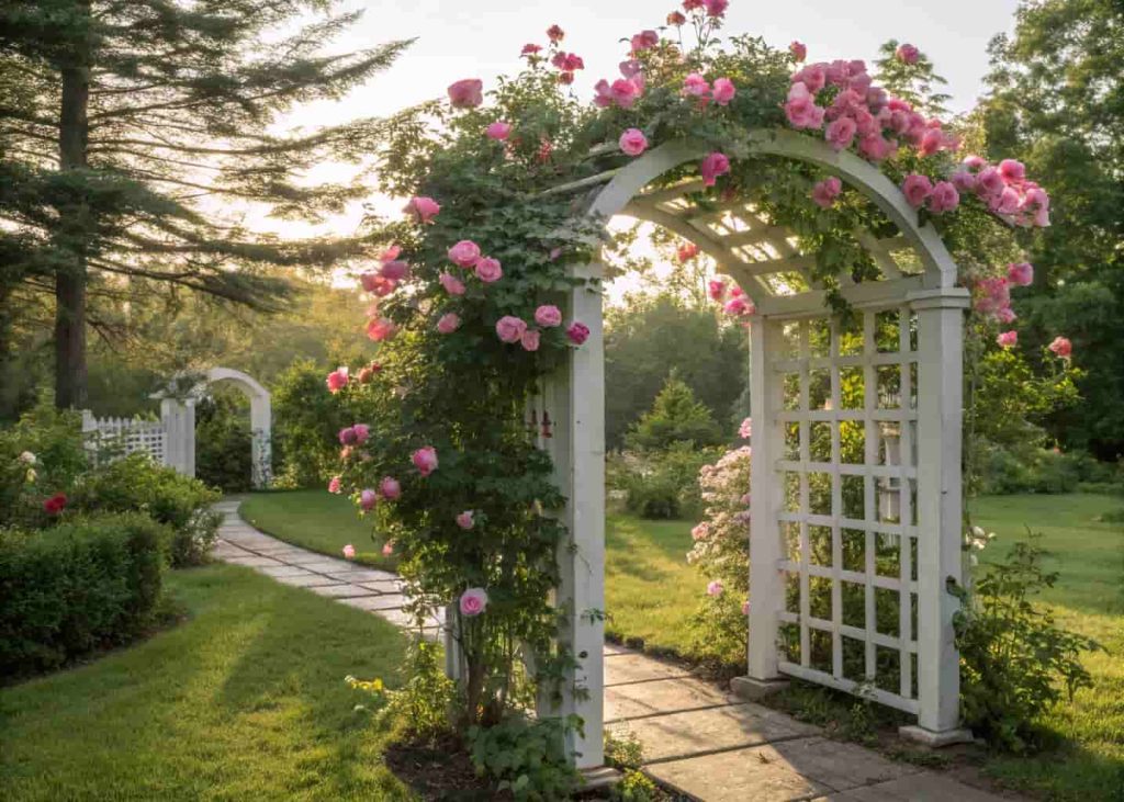 A classic white wooden arch trellis covered in blooming pink climbing roses in a lush green garden, soft sunlight filtering through, realistic photography style, warm afternoon light