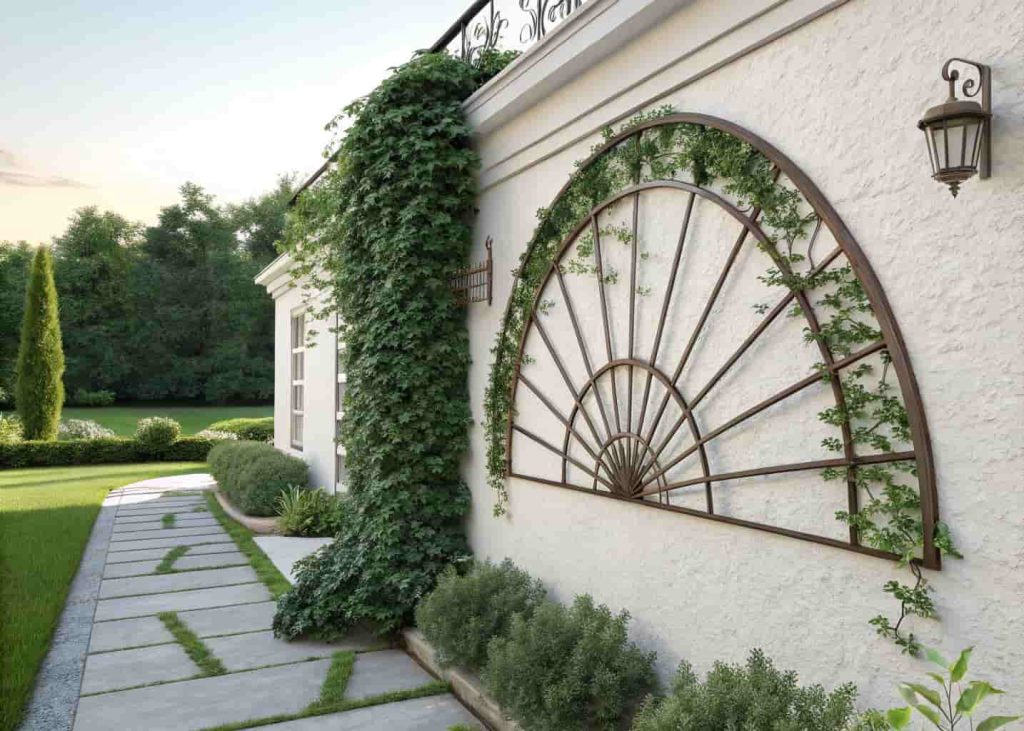 A decorative bronze metal fan-shaped wall trellis with green climbing ivy on a white garden wall, elegant garden setting, natural daylight, realistic photo