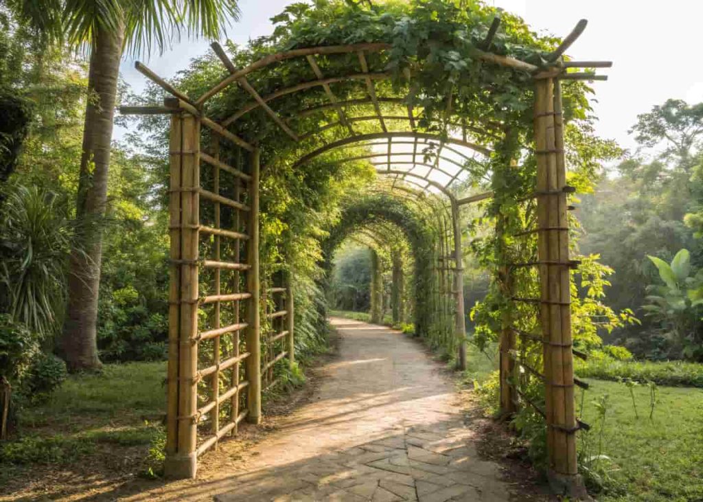 A handmade bamboo trellis in a tropical garden with lush green passion flower vines climbing over it, soft natural sunlight, earth tones, realistic garden photography