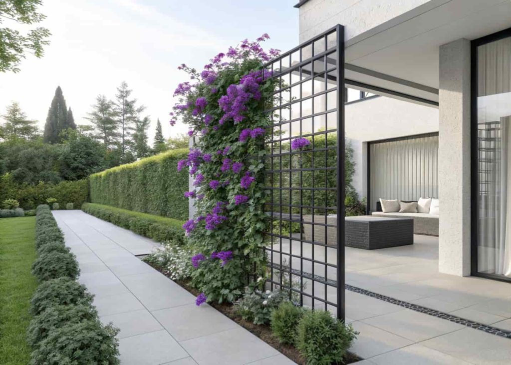 A sleek modern black metal grid trellis panel with purple clematis flowers climbing on it, minimalist contemporary garden, bright daylight, clean lines, realistic photography