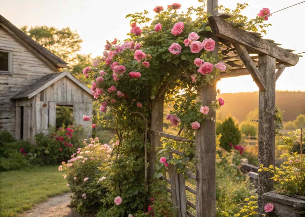 A rustic reclaimed weathered wood trellis in a cottage garden covered with old-fashioned pink roses and green vines, warm golden hour sunlight, farmhouse aesthetic, realistic photo