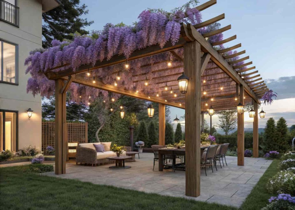 A beautiful wooden pergola-style overhead trellis draped with purple wisteria flowers, outdoor dining furniture below, string lights, warm evening light, realistic garden photo