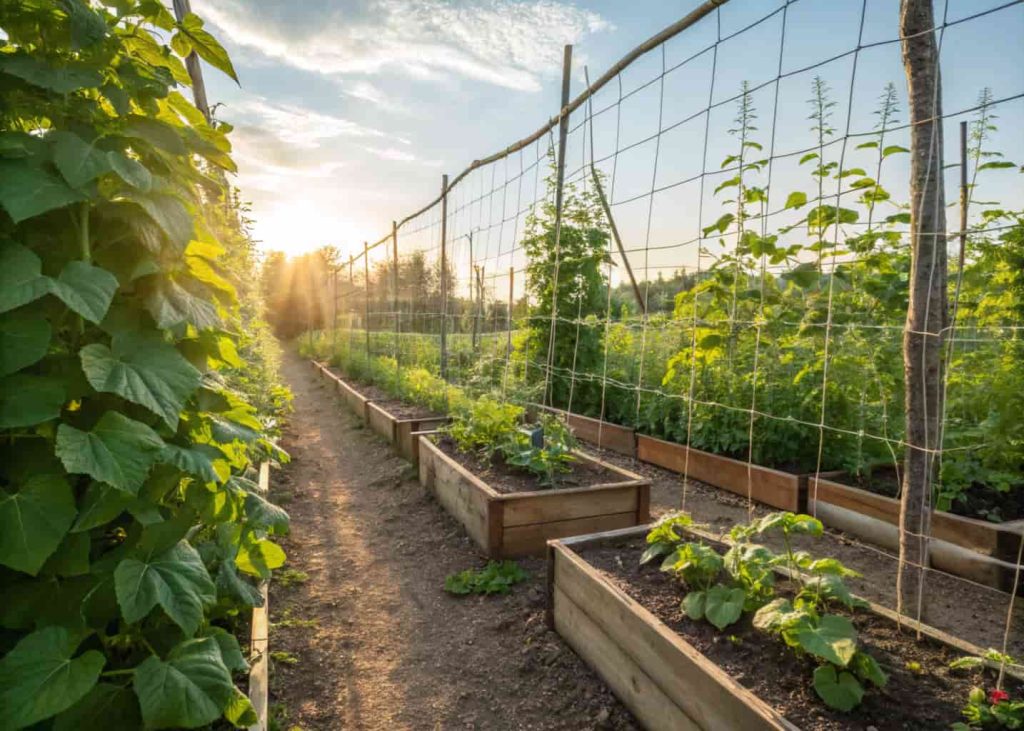 A productive vegetable garden trellis with cucumber and bean plants climbing up wire netting, raised garden beds, bright sunlight, fresh green colors, realistic garden photography