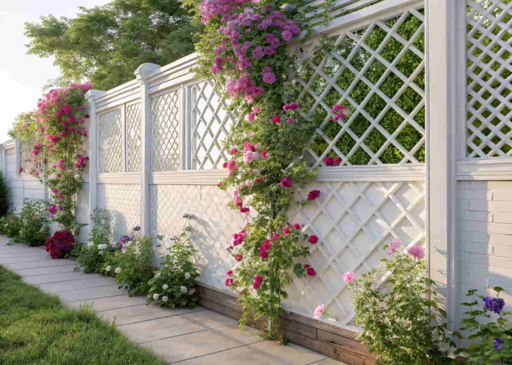 A white painted diamond lattice trellis panel on a garden wall with sweet peas and colorful climbing flowers, bright natural light, classic garden style, realistic photo