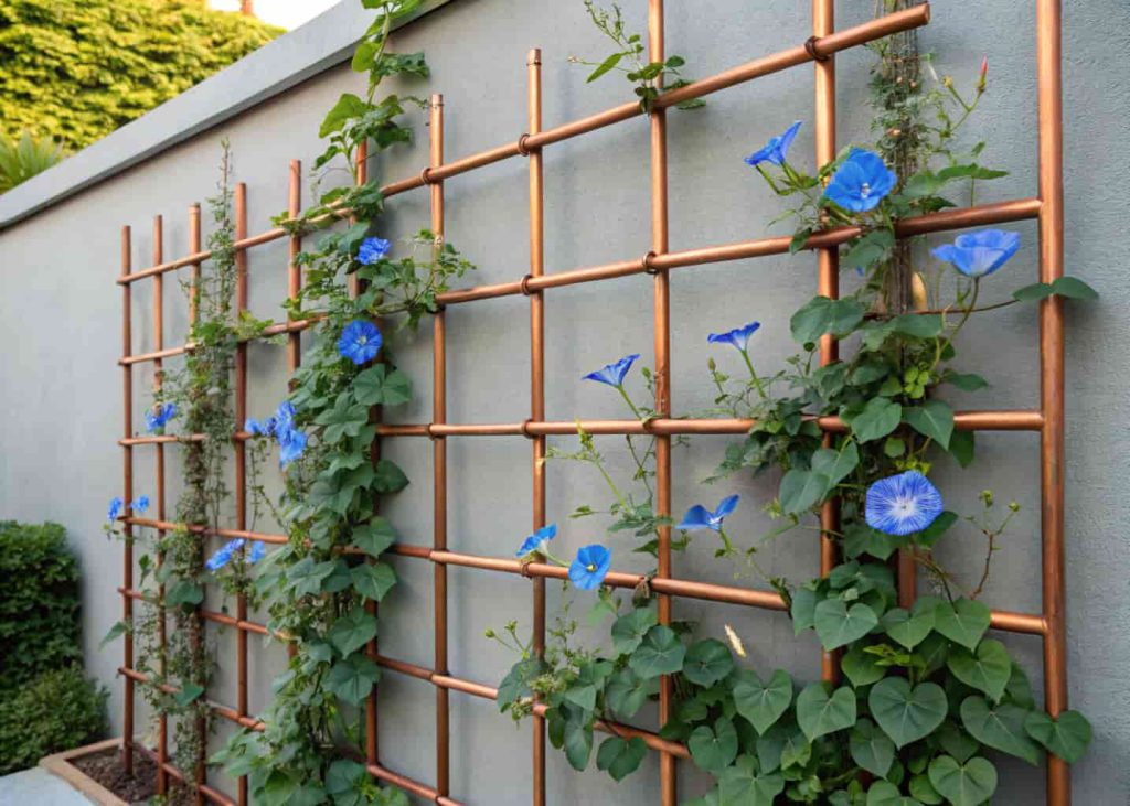 A handmade copper pipe geometric trellis in a modern garden with morning glory blue flowers climbing through it, warm copper and patina tones, contemporary aesthetic, realistic photo