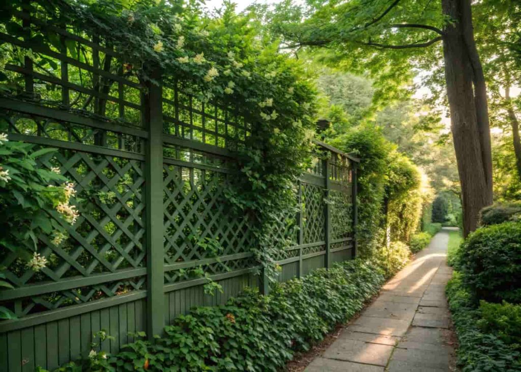 A dense green privacy trellis screen covered in climbing honeysuckle and lush foliage along a garden boundary, natural light, peaceful backyard atmosphere, realistic garden photography