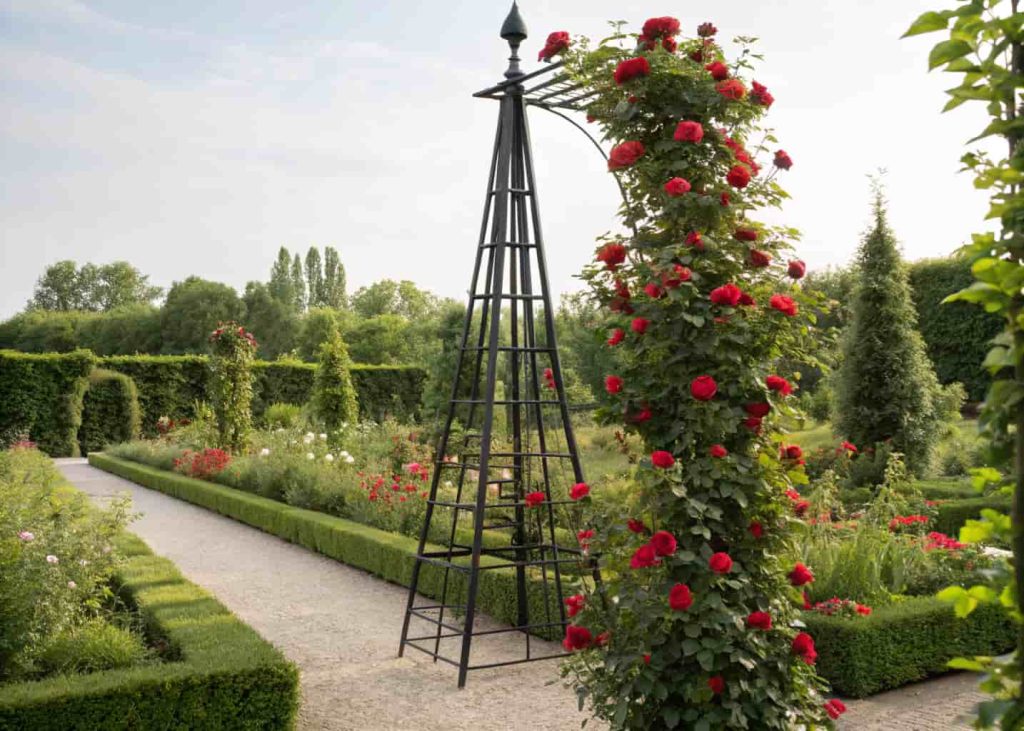 An elegant black iron obelisk tower trellis in a formal garden bed covered with climbing red roses, surrounded by green perennials, sunny garden, realistic photography