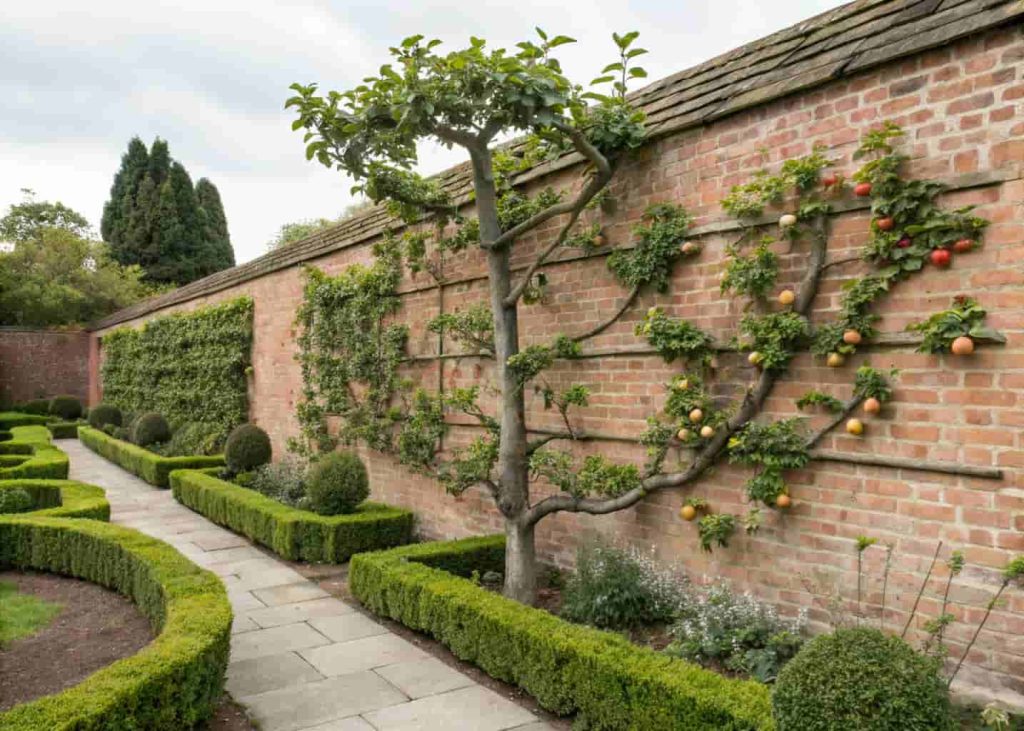 An espalier apple tree trained flat against a brick garden wall in a fan pattern with green leaves and small apples, formal garden, natural daylight, realistic photography