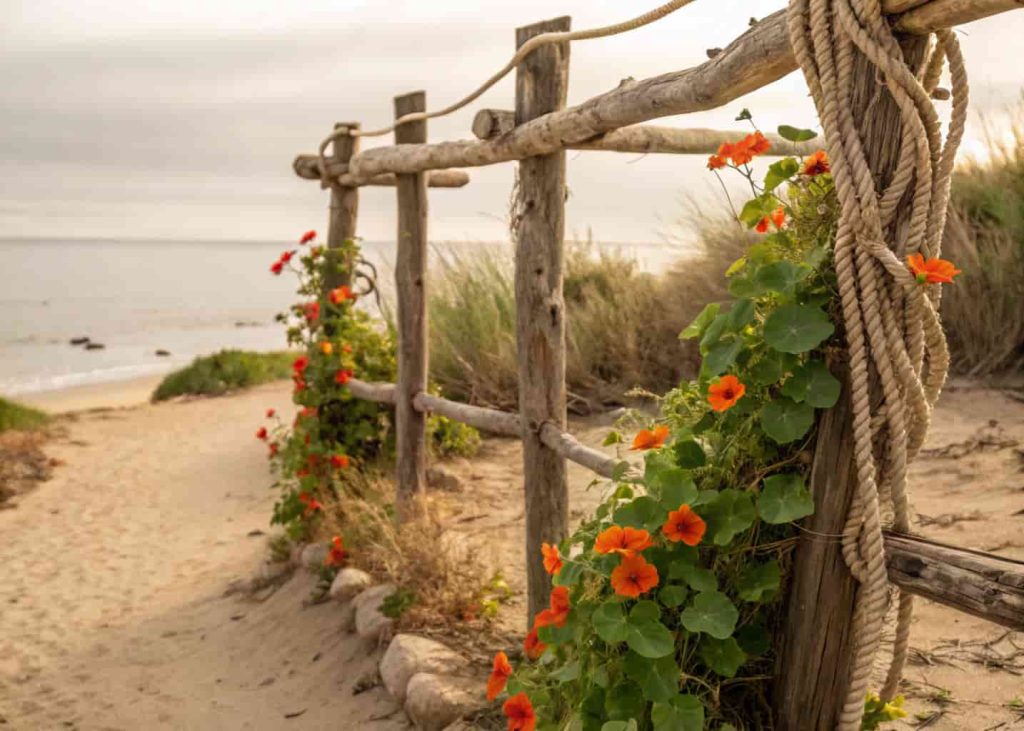 A rustic driftwood and natural rope coastal trellis in a seaside garden with nasturtium flowers climbing through it, sandy soil, coastal light, warm natural tones, realistic photo