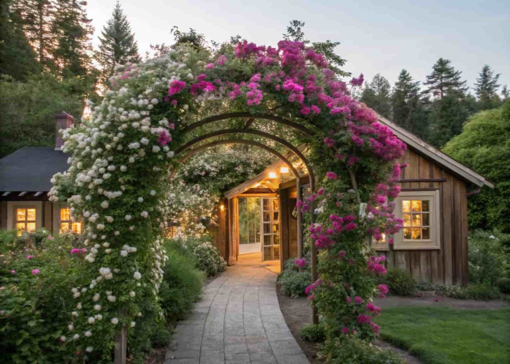 A beautiful flowering trellis arch at the entrance of a charming wooden greenhouse covered in jasmine and sweet pea flowers, soft morning light, cottage garden, realistic photography