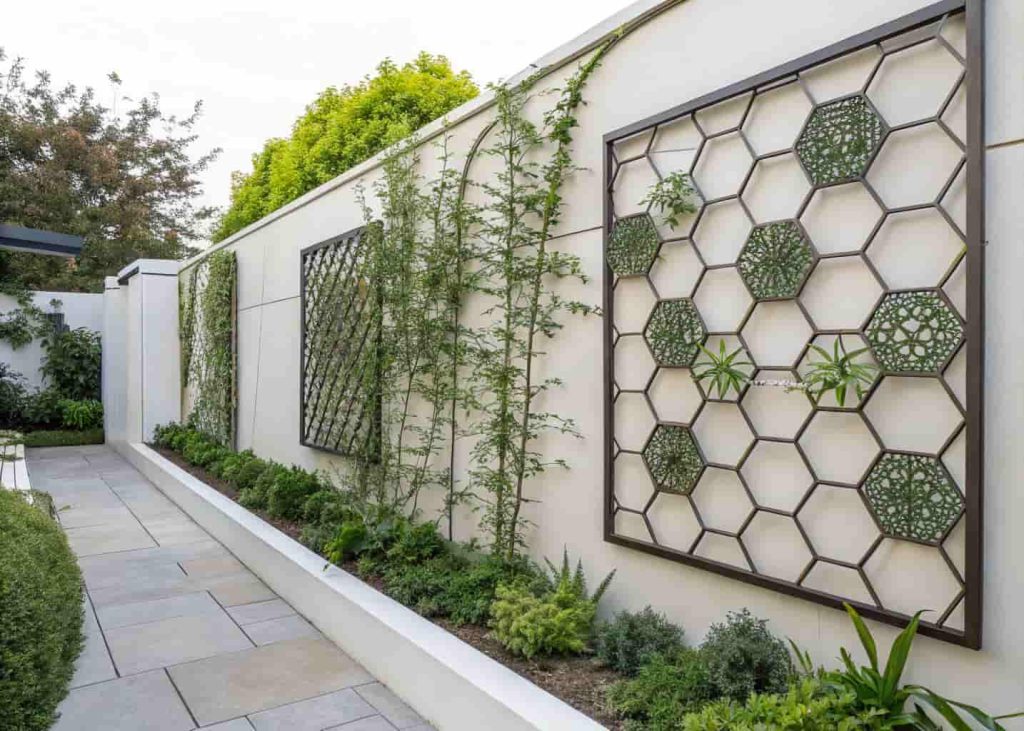 A modern laser-cut hexagonal metal trellis panel mounted on a garden wall with green climbing plants weaving through it, contemporary urban garden, clean aesthetic, realistic photo