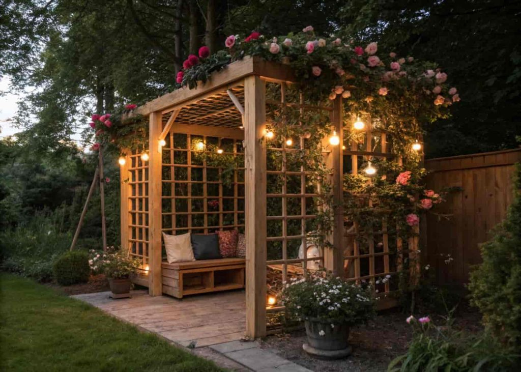 A freestanding garden room made of four wooden trellis panels covered in climbing roses and greenery, small bench inside, string lights, secret garden feel, warm golden light, realistic photography