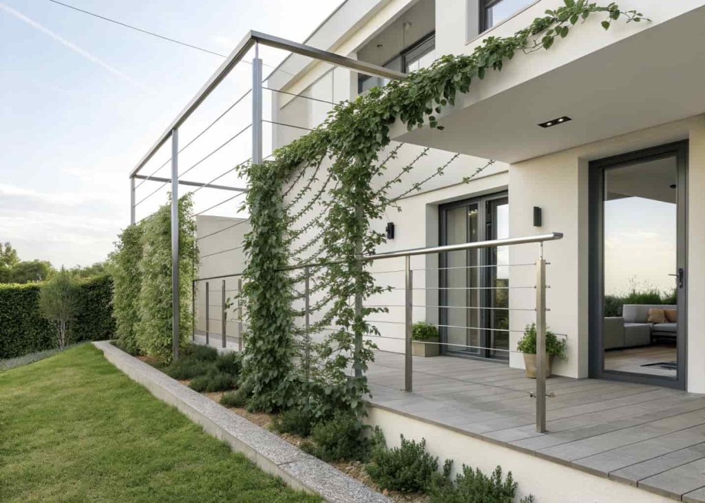A sleek stainless steel wire tension cable trellis system on a modern house wall with climbing green foliage, minimalist contemporary architecture, clean aesthetic, bright natural daylight, realistic photo