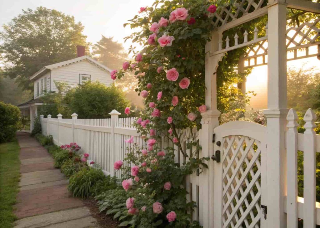 A classic white picket fence with a trellis panel above it covered in climbing pink roses and morning glory, charming English cottage garden front yard, warm sunlight, realistic photography
