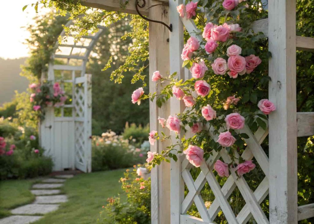 A white wooden lattice trellis covered in blooming pink roses against a cottage garden wall, soft morning sunlight, lush green background, realistic photography style.